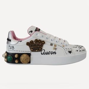 Dolce & Gabbana White Leather Crystal Queen Crown Sneakers Shoes